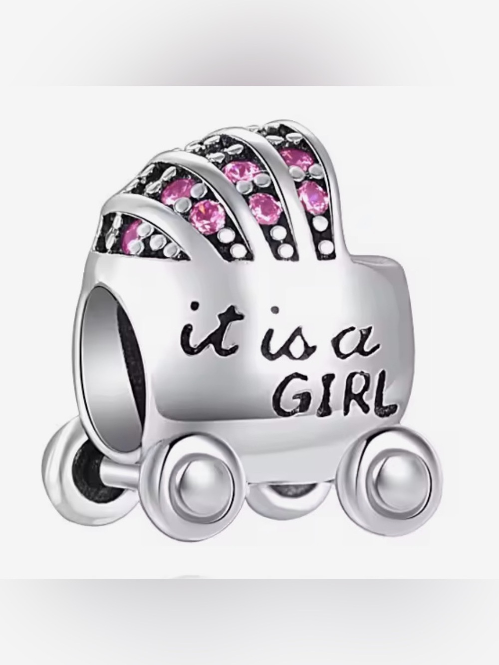 Silver & Pink 'It Is A Girl' Pink Baby Carriage Charm